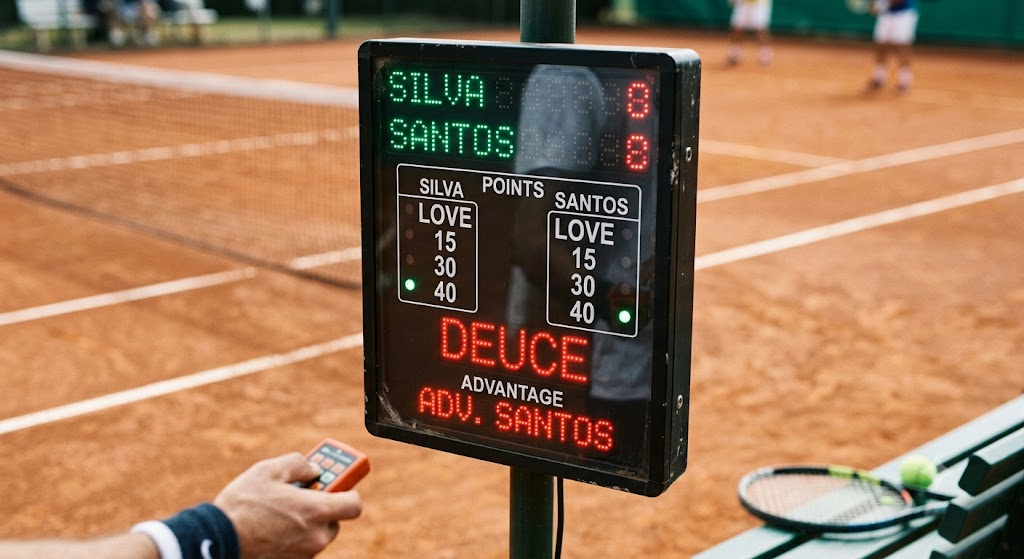 Placar eletrônico em uma quadra de saibro mostrando a palavra Deuce e a pontuação 40 a 40
